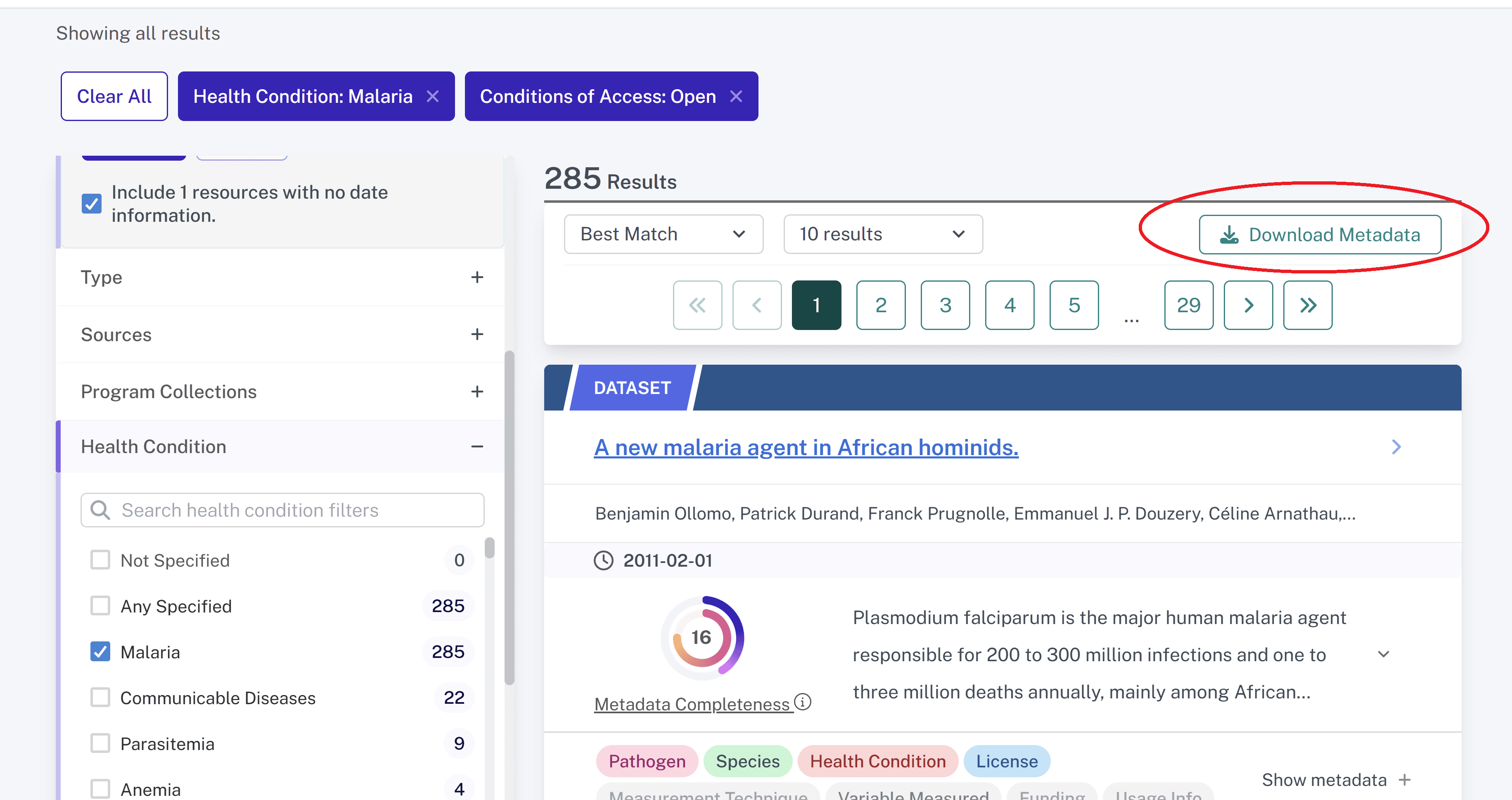 Image of search results page with Download Metadata button