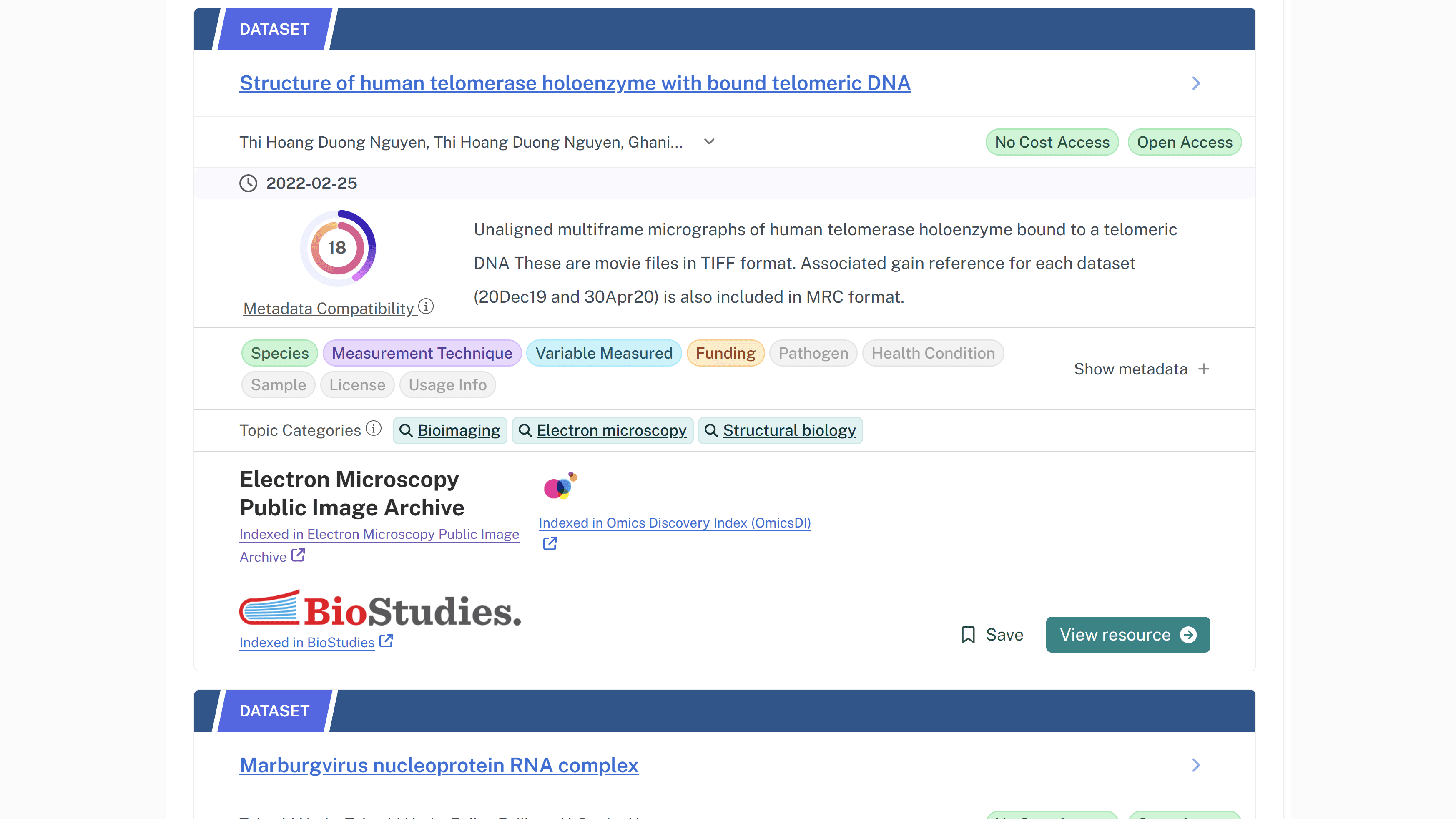 Screenshot of EMPIAR datasets in the Discovery Portal